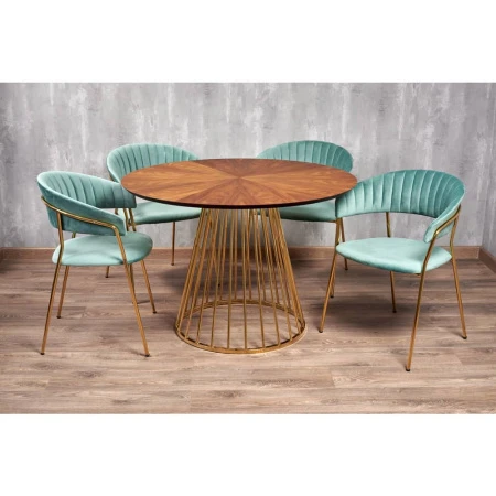 Купить Стол Liverpool диам.110см, шпон орех лучевой набор, с золотистыми ножками по низкой цене