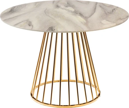 Стол Liverpool диам.100см, керамогранит белый мрамор с золотистыми ножками