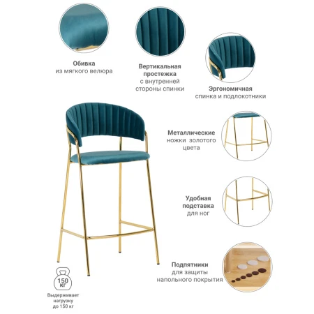Купить Комплект из 2-х стульев полубарных Turin бирюзовый с золотыми ножками в интернет-магазине КупиКресла.ру
