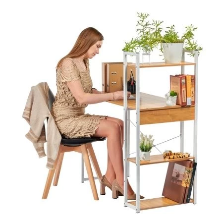 Купить Стол письменный с полками Frame 100x45x110 см, светлое дерево, белый по низкой цене