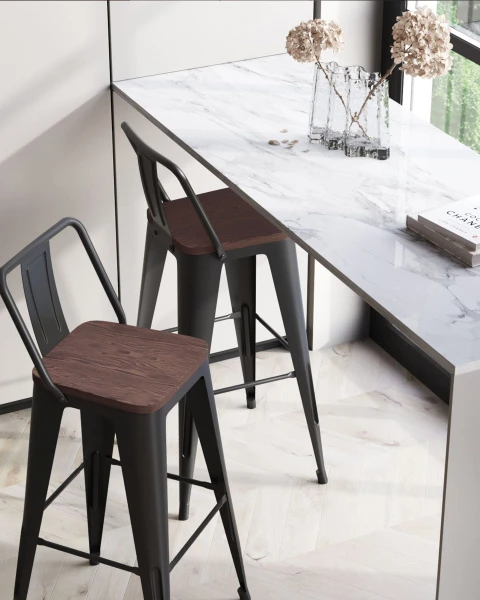 Стул барный TOLIX WOOD со спинкой черный глянцевый для кафе, ресторанов и кухни