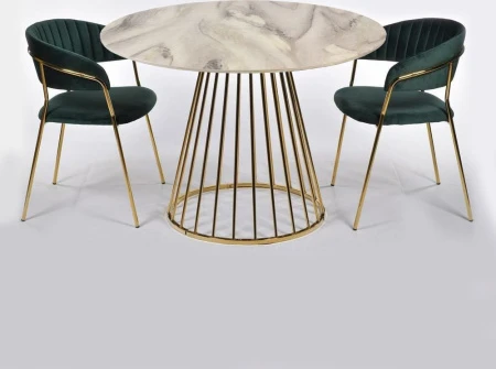 Купить Стол Liverpool диам.100см, керамогранит белый мрамор с золотистыми ножками по низкой цене