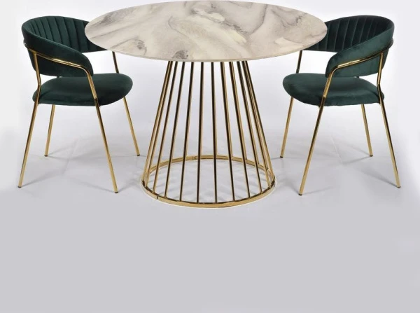 Купить Стол Liverpool диам.100см, керамогранит белый мрамор с золотистыми ножками по низкой цене