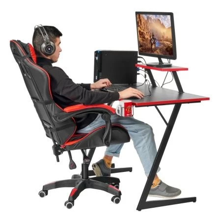 Купить Компьютерный геймерский стол Basic 110х59х75см c полкой для монитора 40х20см, подстаканником, крючком для наушников, карбон чёрный красный по низкой цене