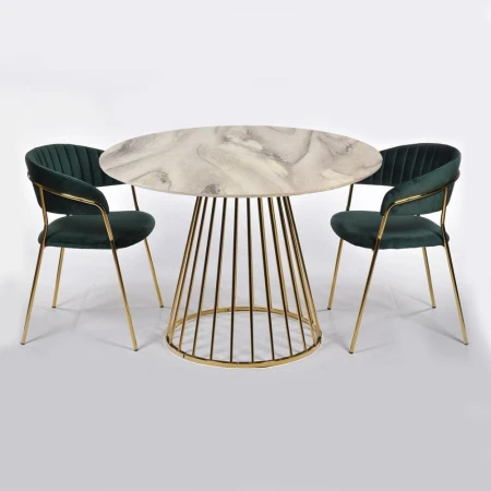 Купить Стол Liverpool диам.100см, керамогранит белый мрамор с золотистыми ножками по низкой цене