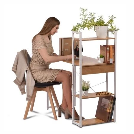 Купить Стол письменный с полками Frame 100x45x110 см, светлое дерево, белый по низкой цене