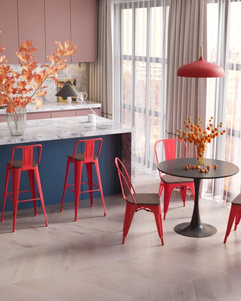 Стул барный TOLIX WOOD со спинкой красный глянцевый для кафе, ресторанов и кухни